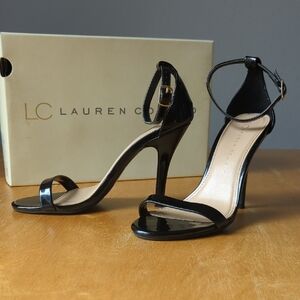 LC Lauren Conrad Black Patent Ankle-Strap Stilettos